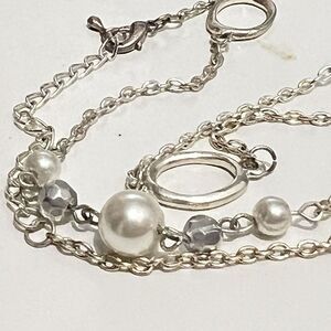 Long 32” Faux Pearl Beaded Chain Silver‎ White Classic Workwear Career Necklace